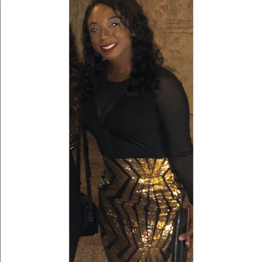 Black Mesh & Gold Sequins Mini Long Sleeve Dress